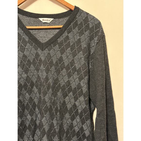 BERTHA made in Italy Merinos Fine Wool Argyle Sweater 58 XXL Black and Grey - Picture 2 of 13